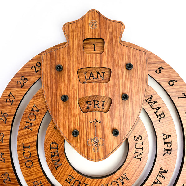 Galliard Games Perpetual Wall Calendar Wooden MDF, (Teak Finished) (Shield Design) (12 inch)