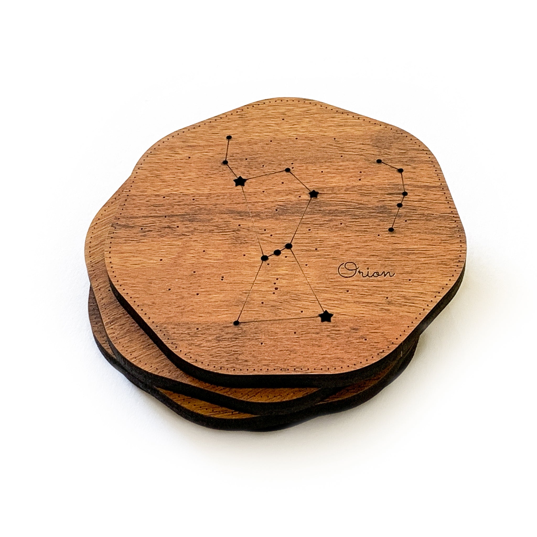 Constellation Coasters, Orion Leo Cassiopeia Taurus, Set Of 4, Red Teakwood