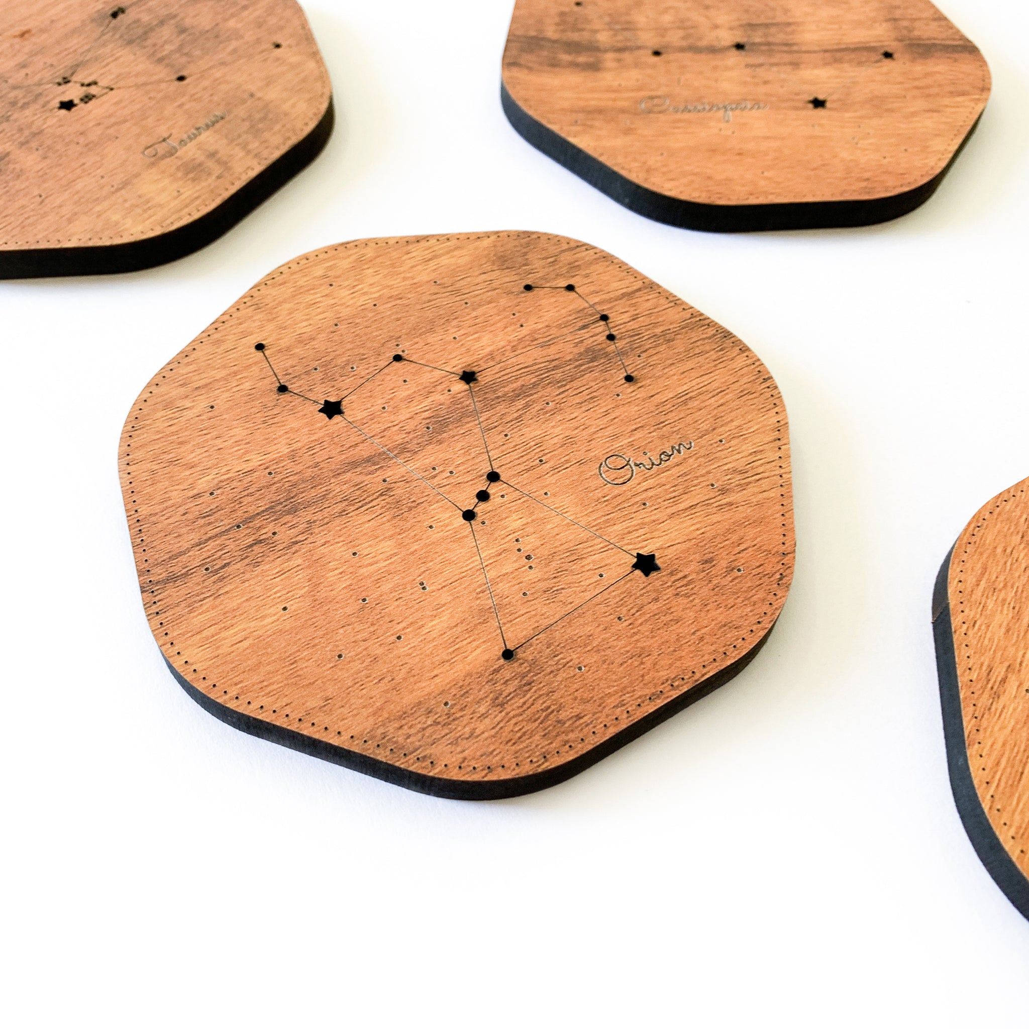 Constellation Coasters, Orion Leo Cassiopeia Taurus, Set Of 4, Red Teakwood - Image 3